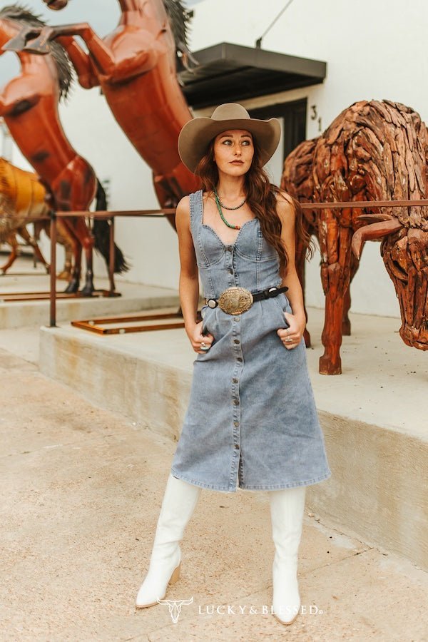 LUCKY & BLESSED Light Wash Western Stretch Denim Button-Down Maxi Dress — V-Neck with Adjustable Straps & Side Pockets - Rooted & Reckless Co.