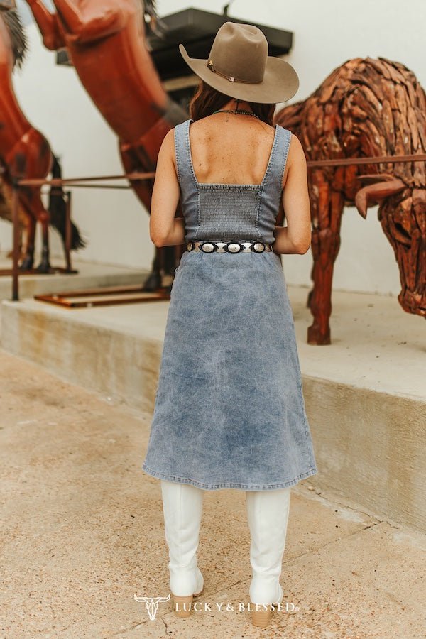 LUCKY & BLESSED Light Wash Western Stretch Denim Button-Down Maxi Dress — V-Neck with Adjustable Straps & Side Pockets - Rooted & Reckless Co.