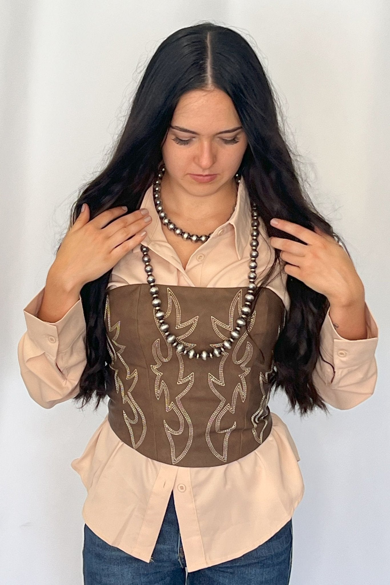 LUCKY & BLESSED "Mercedes" Beige Western Button-Down Shirt — Tailored Long-Sleeve Cowgirl Staple - Rooted & Reckless Co.