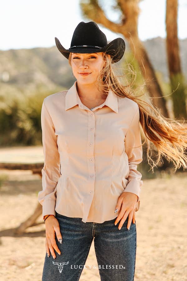 LUCKY & BLESSED "Mercedes" Beige Western Button-Down Shirt — Tailored Long-Sleeve Cowgirl Staple - Rooted & Reckless Co.