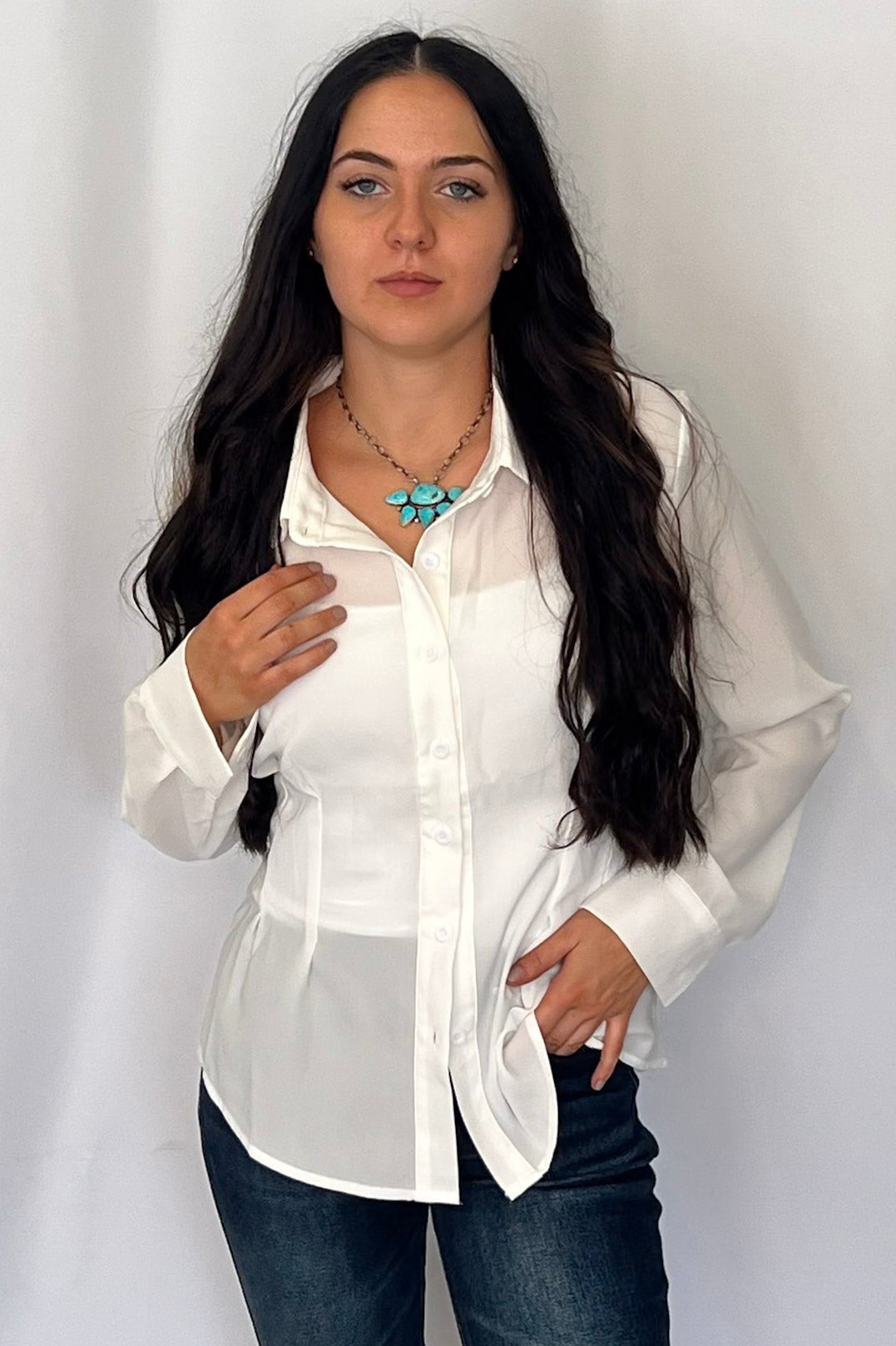 LUCKY & BLESSED "Mercedes" Ivory Western Button-Down Shirt — Tailored Long-Sleeve Cowgirl Staple - Rooted & Reckless Co.