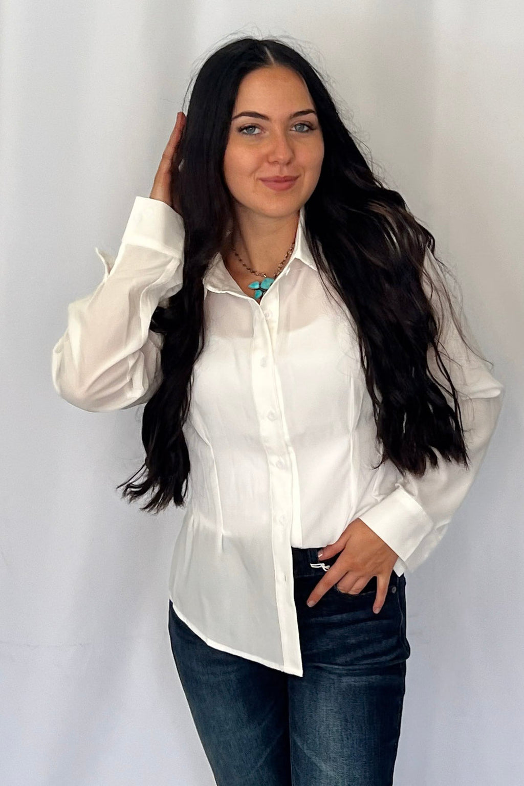 LUCKY & BLESSED "Mercedes" Ivory Western Button-Down Shirt — Tailored Long-Sleeve Cowgirl Staple - Rooted & Reckless Co.