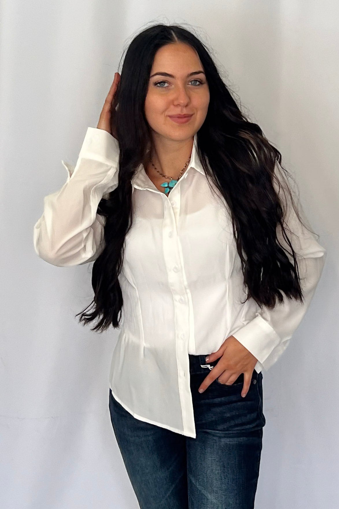 LUCKY & BLESSED "Mercedes" Ivory Western Button-Down Shirt — Tailored Long-Sleeve Cowgirl Staple - Rooted & Reckless Co.
