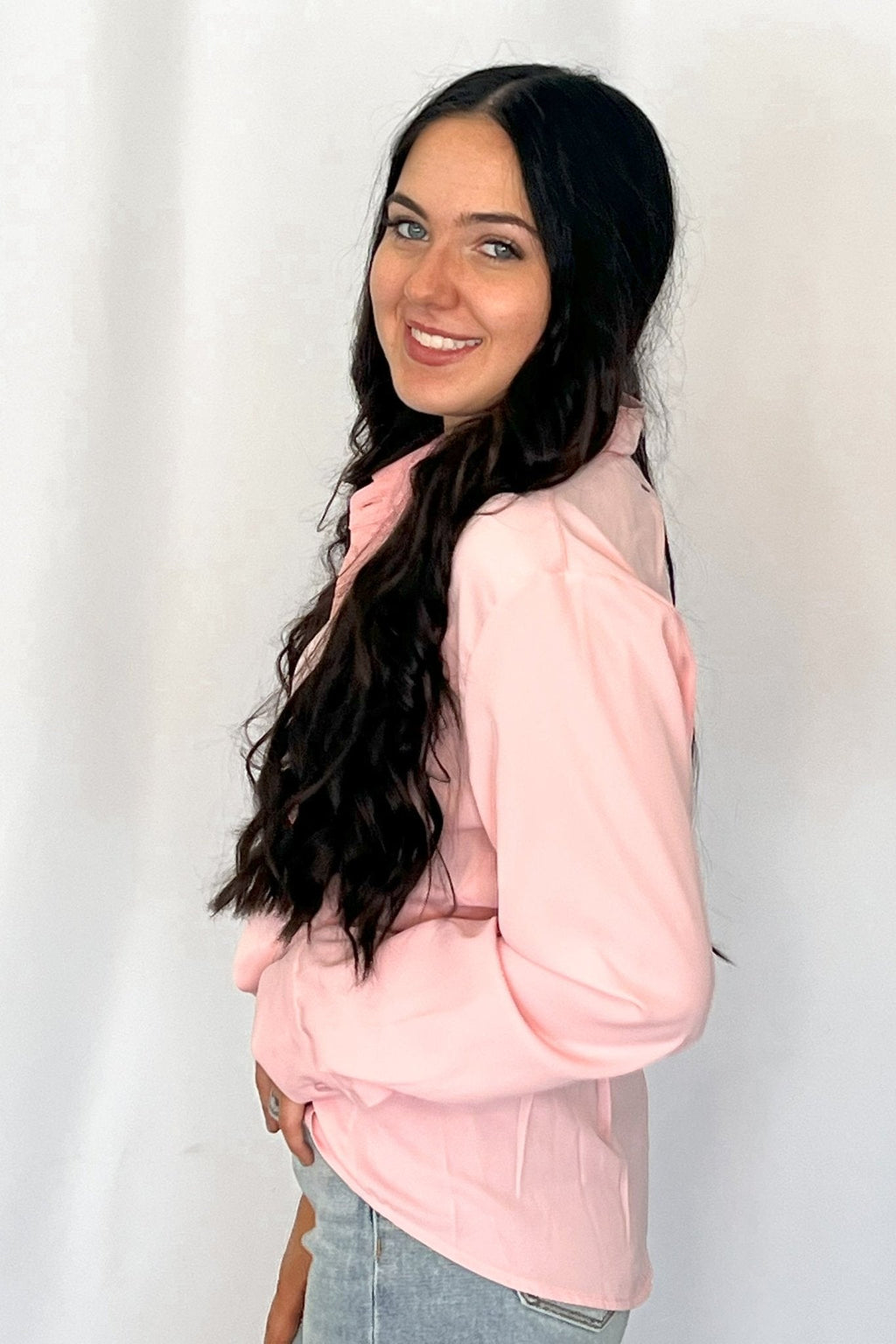 LUCKY & BLESSED "Mercedes" Soft Pink Western Button-Down Shirt — Tailored Long-Sleeve Cowgirl Staple - Rooted & Reckless Co.