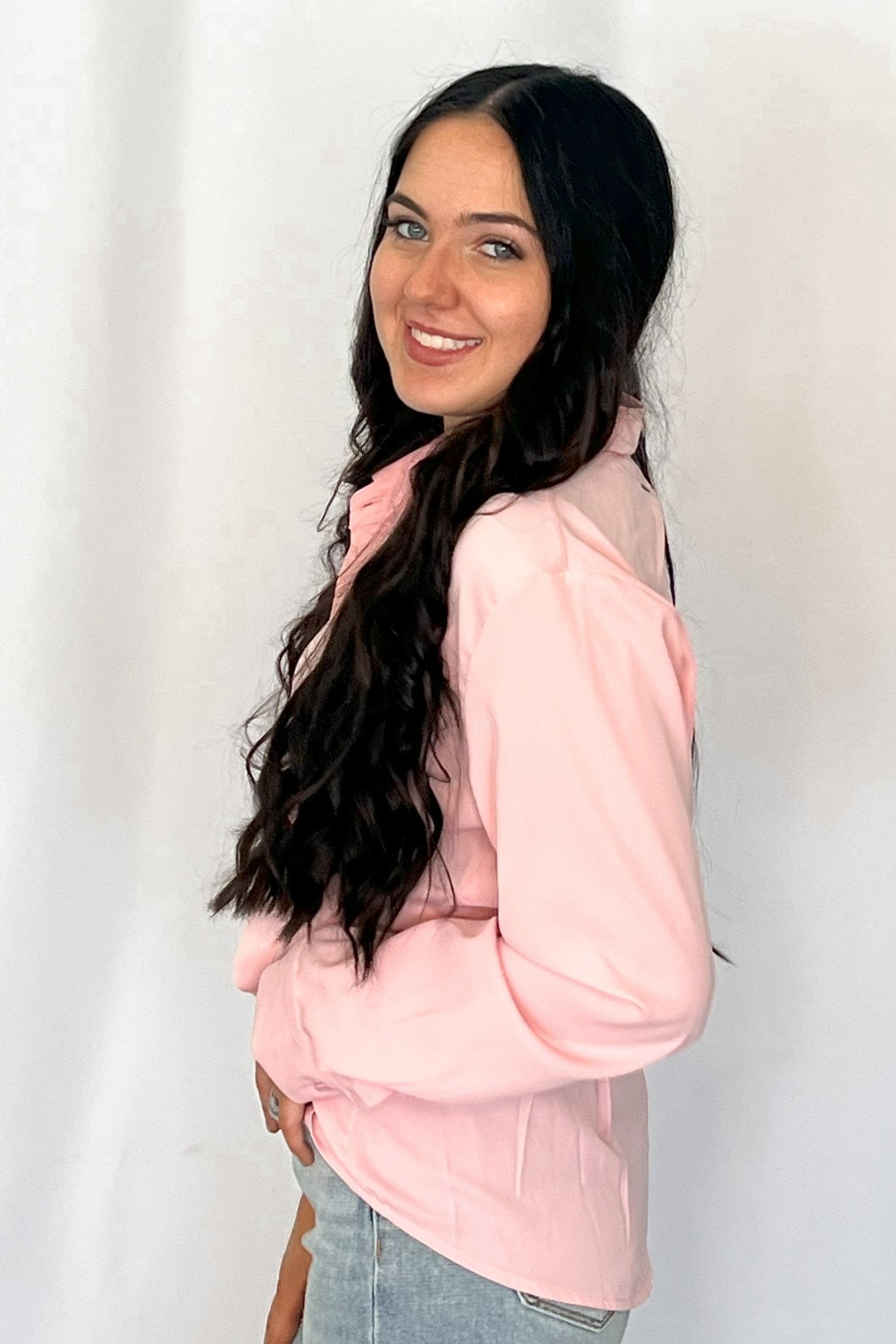 LUCKY & BLESSED "Mercedes" Soft Pink Western Button-Down Shirt — Tailored Long-Sleeve Cowgirl Staple - Rooted & Reckless Co.