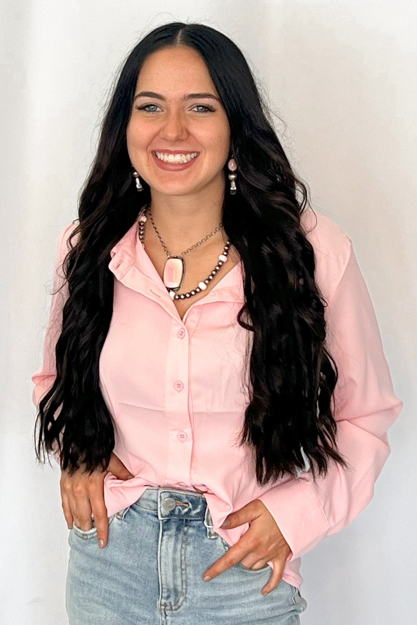 LUCKY & BLESSED "Mercedes" Soft Pink Western Button-Down Shirt — Tailored Long-Sleeve Cowgirl Staple - Rooted & Reckless Co.