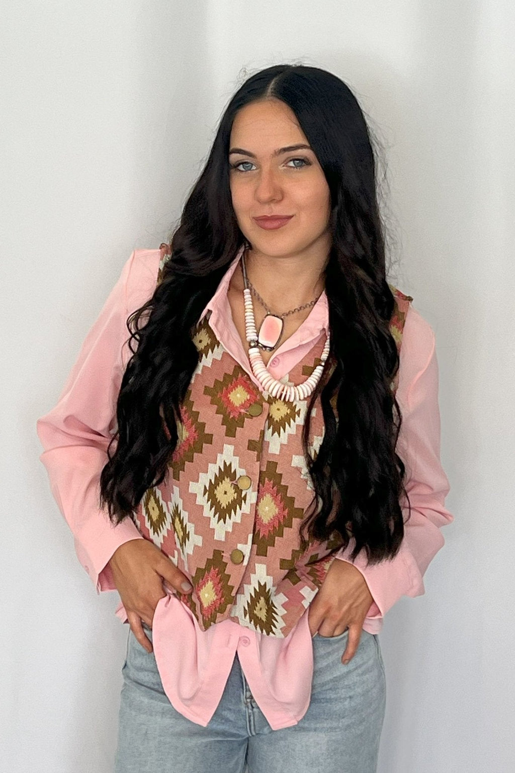 LUCKY & BLESSED "Mercedes" Soft Pink Western Button-Down Shirt — Tailored Long-Sleeve Cowgirl Staple - Rooted & Reckless Co.
