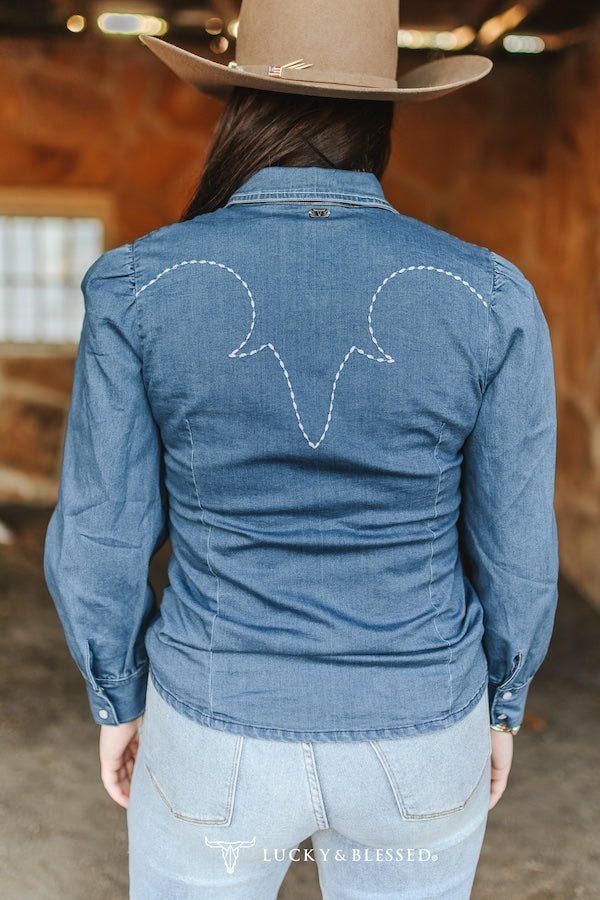 LUCKY & BLESSED Mid Wash Stretch Denim Pearl Snap Western Shirt — Bold Contrast Boot-Stitch Embroidery (Long Sleeve) - Rooted & Reckless Co.