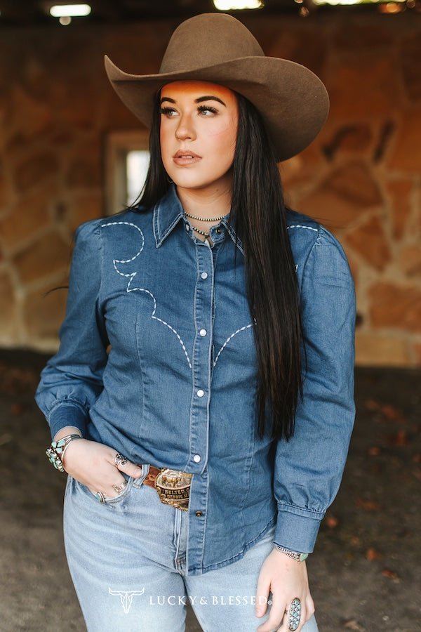 LUCKY & BLESSED Mid Wash Stretch Denim Pearl Snap Western Shirt — Bold Contrast Boot-Stitch Embroidery (Long Sleeve) - Rooted & Reckless Co.
