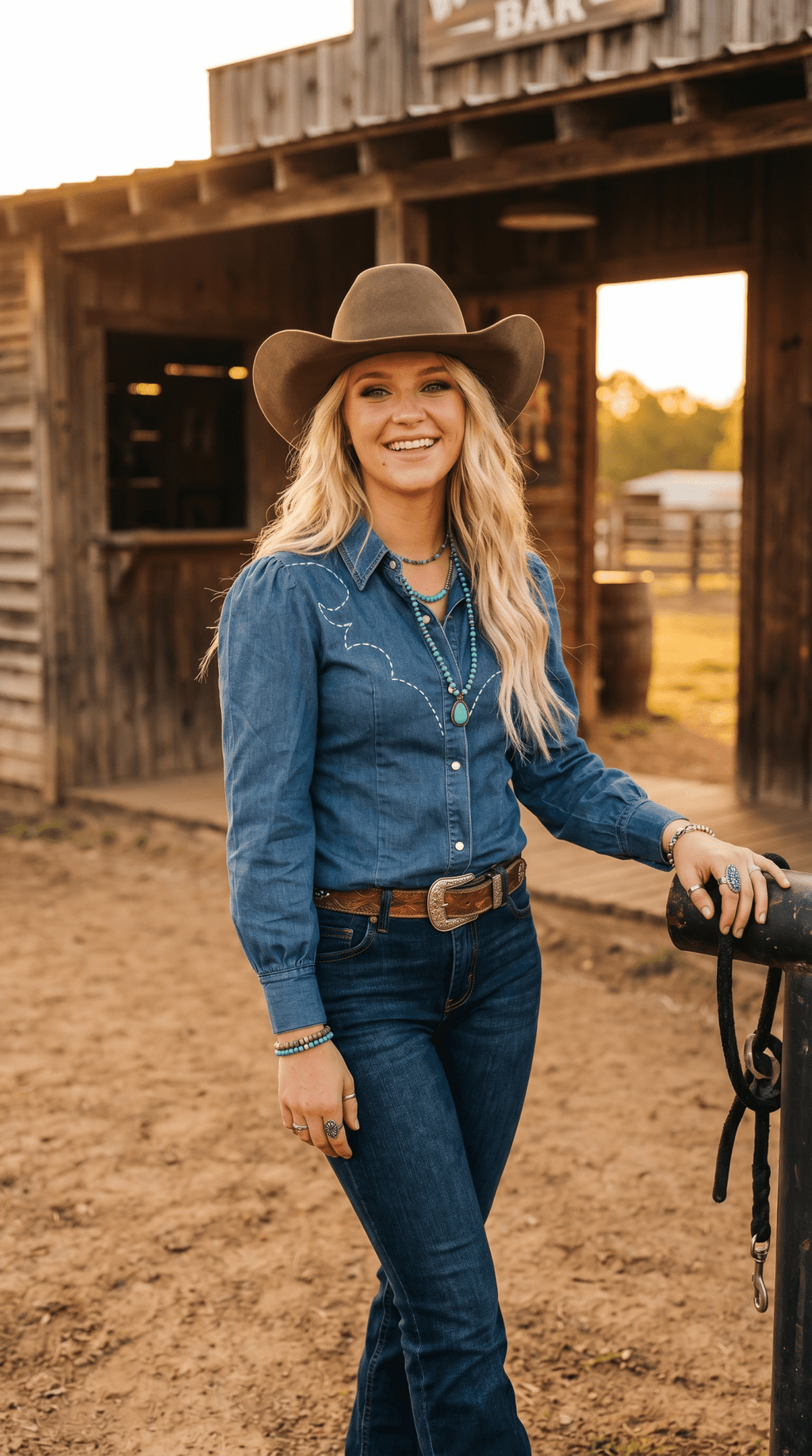 LUCKY & BLESSED Mid Wash Stretch Denim Pearl Snap Western Shirt — Bold Contrast Boot-Stitch Embroidery (Long Sleeve) - Rooted & Reckless Co.