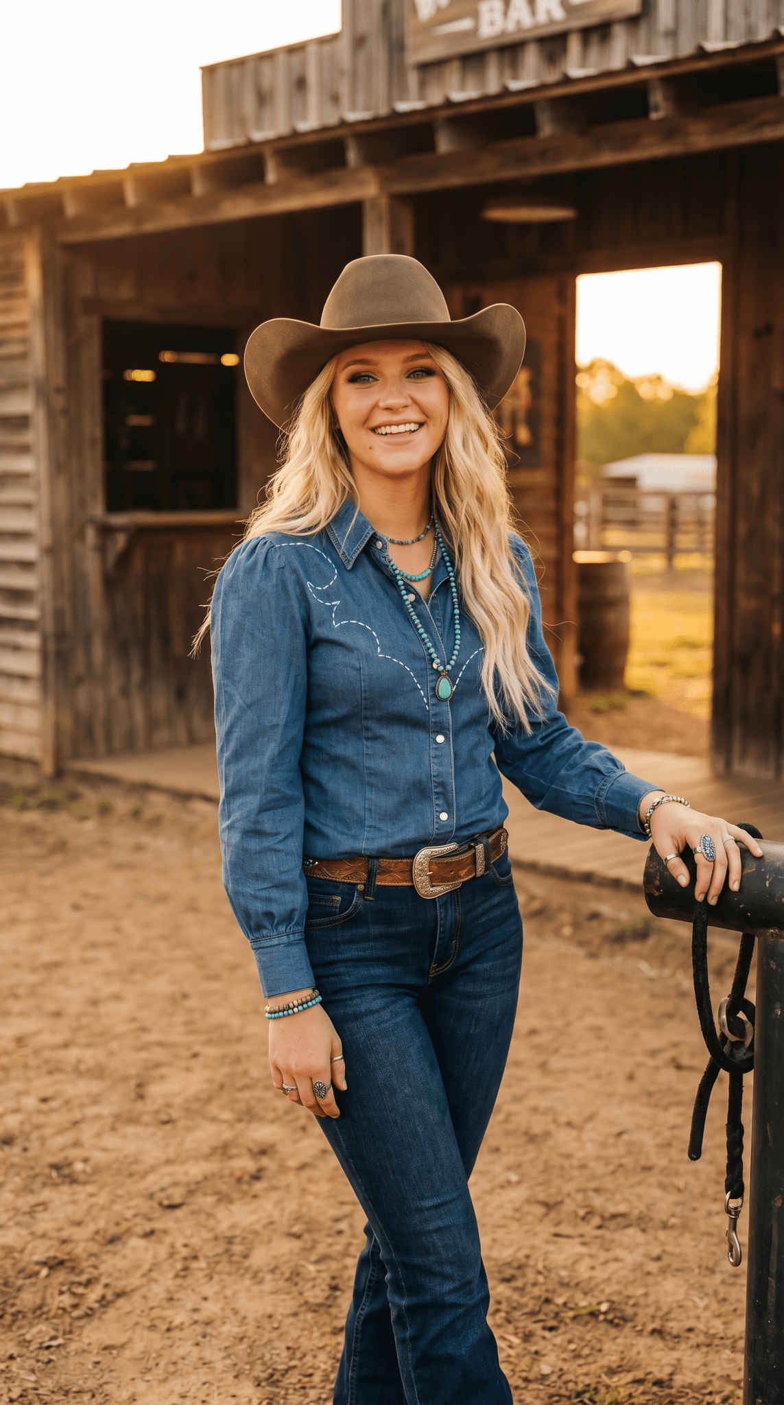LUCKY & BLESSED Mid Wash Stretch Denim Pearl Snap Western Shirt — Bold Contrast Boot-Stitch Embroidery (Long Sleeve) - Rooted & Reckless Co.