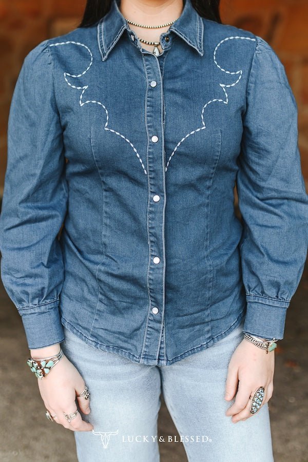 LUCKY & BLESSED Mid Wash Stretch Denim Pearl Snap Western Shirt — Bold Contrast Boot-Stitch Embroidery (Long Sleeve) - Rooted & Reckless Co.