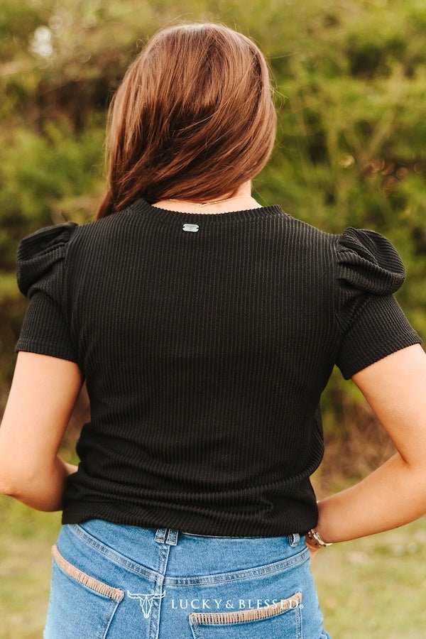 LUCKY & BLESSED "Midnight Western" Ribbed Puff Sleeve Top — Black Buttery-Soft Stretch Cowgirl Staple - Rooted & Reckless Co.