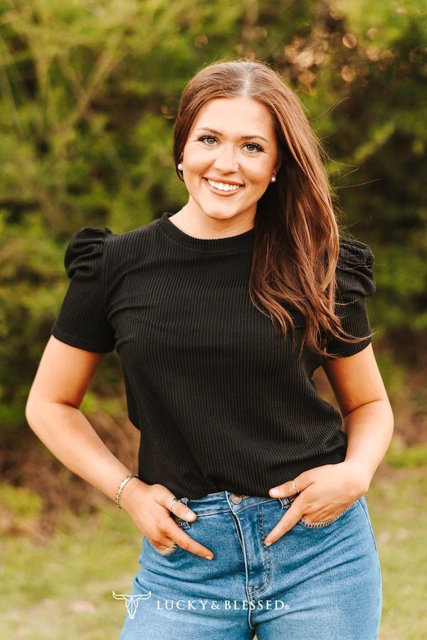 LUCKY & BLESSED "Midnight Western" Ribbed Puff Sleeve Top — Black Buttery-Soft Stretch Cowgirl Staple - Rooted & Reckless Co.