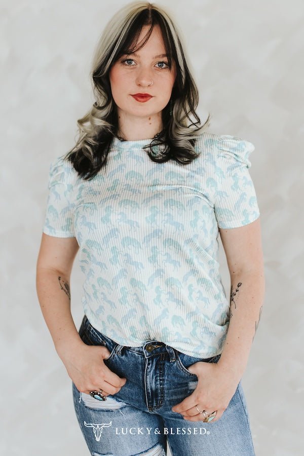 LUCKY & BLESSED Mint Horse Print Puff Sleeve Western Ribbed Top — Allover Horse Print Cowgirl Staple - Rooted & Reckless Co.