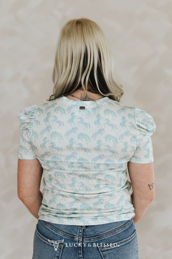 LUCKY & BLESSED Mint Horse Print Puff Sleeve Western Ribbed Top — Allover Horse Print Cowgirl Staple - Rooted & Reckless Co.