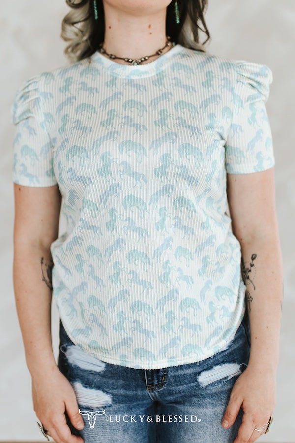 LUCKY & BLESSED Mint Horse Print Puff Sleeve Western Ribbed Top — Allover Horse Print Cowgirl Staple - Rooted & Reckless Co.