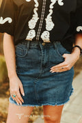 LUCKY & BLESSED "Nashville" High-Rise Raw Hem Western Denim Mini Skirt — Vintage Mineral Wash with Concho Belt-Ready Loops - Rooted & Reckless Co.