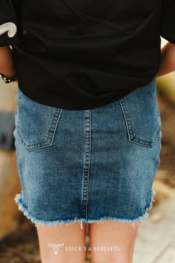 LUCKY & BLESSED "Nashville" High-Rise Raw Hem Western Denim Mini Skirt — Vintage Mineral Wash with Concho Belt-Ready Loops - Rooted & Reckless Co.