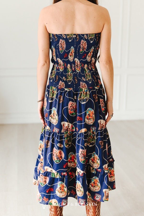 LUCKY & BLESSED Navy Retro Rodeo Print Smocked Strapless Western Midi Dress — Flowy Tiered Skirt with Vintage Rodeo Print - Rooted & Reckless Co.