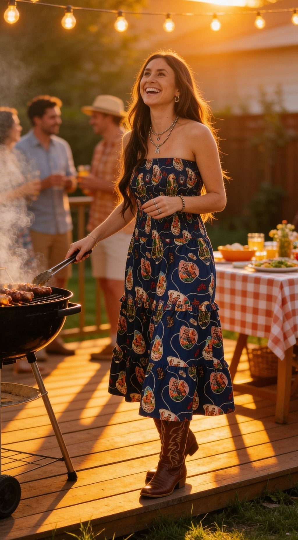 LUCKY & BLESSED Navy Retro Rodeo Print Smocked Strapless Western Midi Dress — Flowy Tiered Skirt with Vintage Rodeo Print - Rooted & Reckless Co.