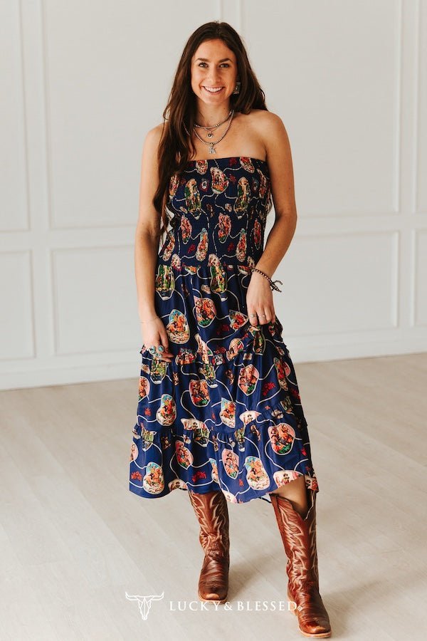 LUCKY & BLESSED Navy Retro Rodeo Print Smocked Strapless Western Midi Dress — Flowy Tiered Skirt with Vintage Rodeo Print - Rooted & Reckless Co.