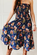 LUCKY & BLESSED Navy Retro Rodeo Print Smocked Strapless Western Midi Dress — Flowy Tiered Skirt with Vintage Rodeo Print - Rooted & Reckless Co.