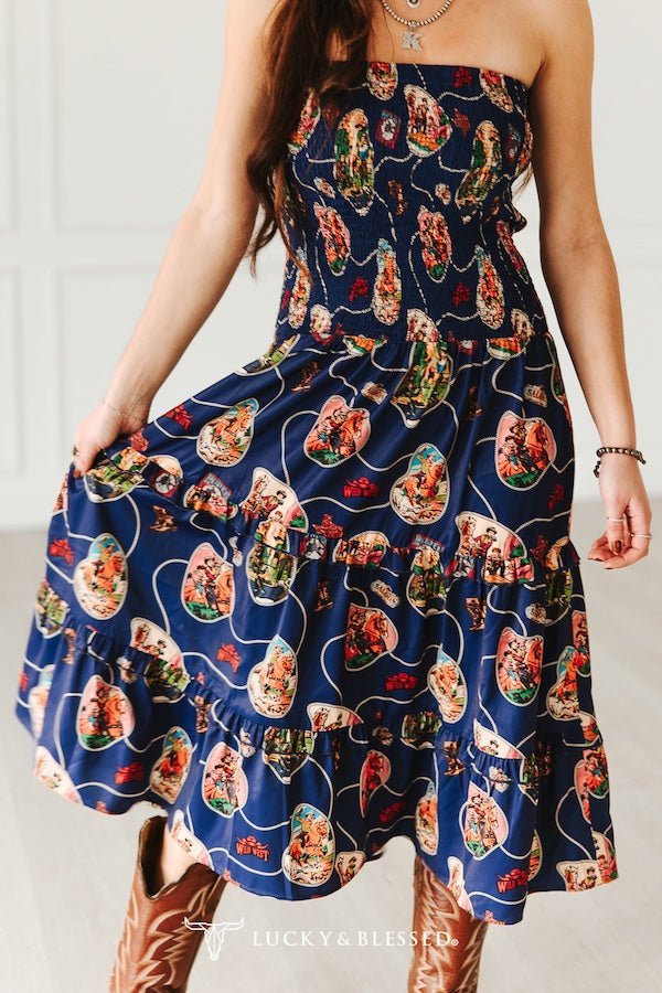 LUCKY & BLESSED Navy Retro Rodeo Print Smocked Strapless Western Midi Dress — Flowy Tiered Skirt with Vintage Rodeo Print - Rooted & Reckless Co.