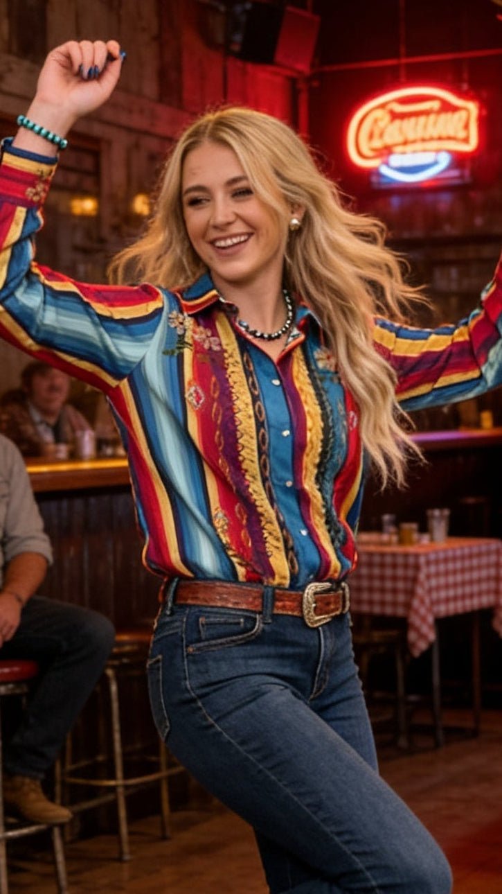 LUCKY & BLESSED Serape Pearl Snap Embroidered Western Top — Red & Turquoise Multi-Color Stripe Cowgirl Statement - Rooted & Reckless Co.