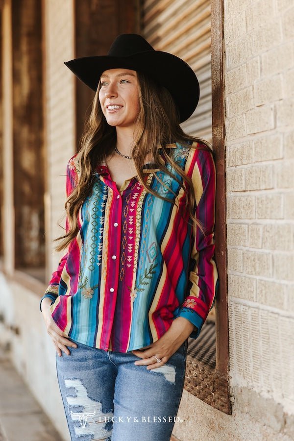 LUCKY & BLESSED Serape Pearl Snap Embroidered Western Top — Red & Turquoise Multi-Color Stripe Cowgirl Statement - Rooted & Reckless Co.