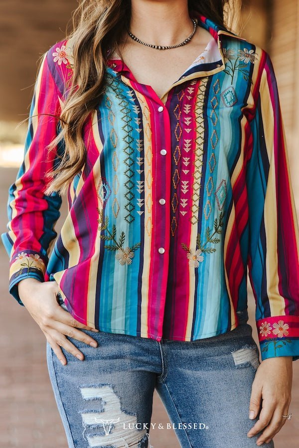 LUCKY & BLESSED Serape Pearl Snap Embroidered Western Top — Red & Turquoise Multi-Color Stripe Cowgirl Statement - Rooted & Reckless Co.