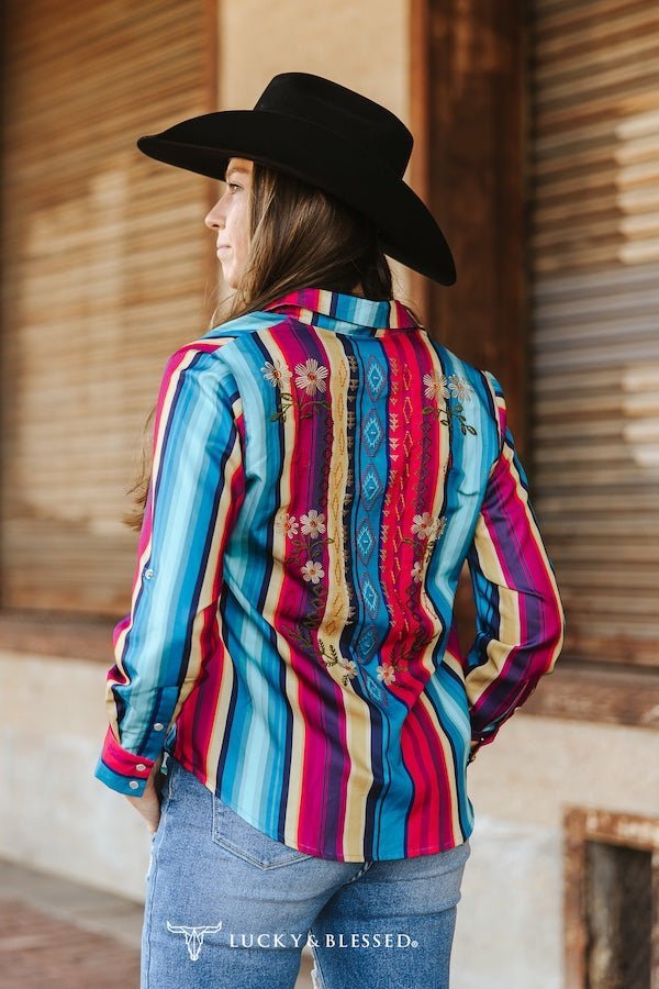 LUCKY & BLESSED Serape Pearl Snap Embroidered Western Top — Red & Turquoise Multi-Color Stripe Cowgirl Statement - Rooted & Reckless Co.