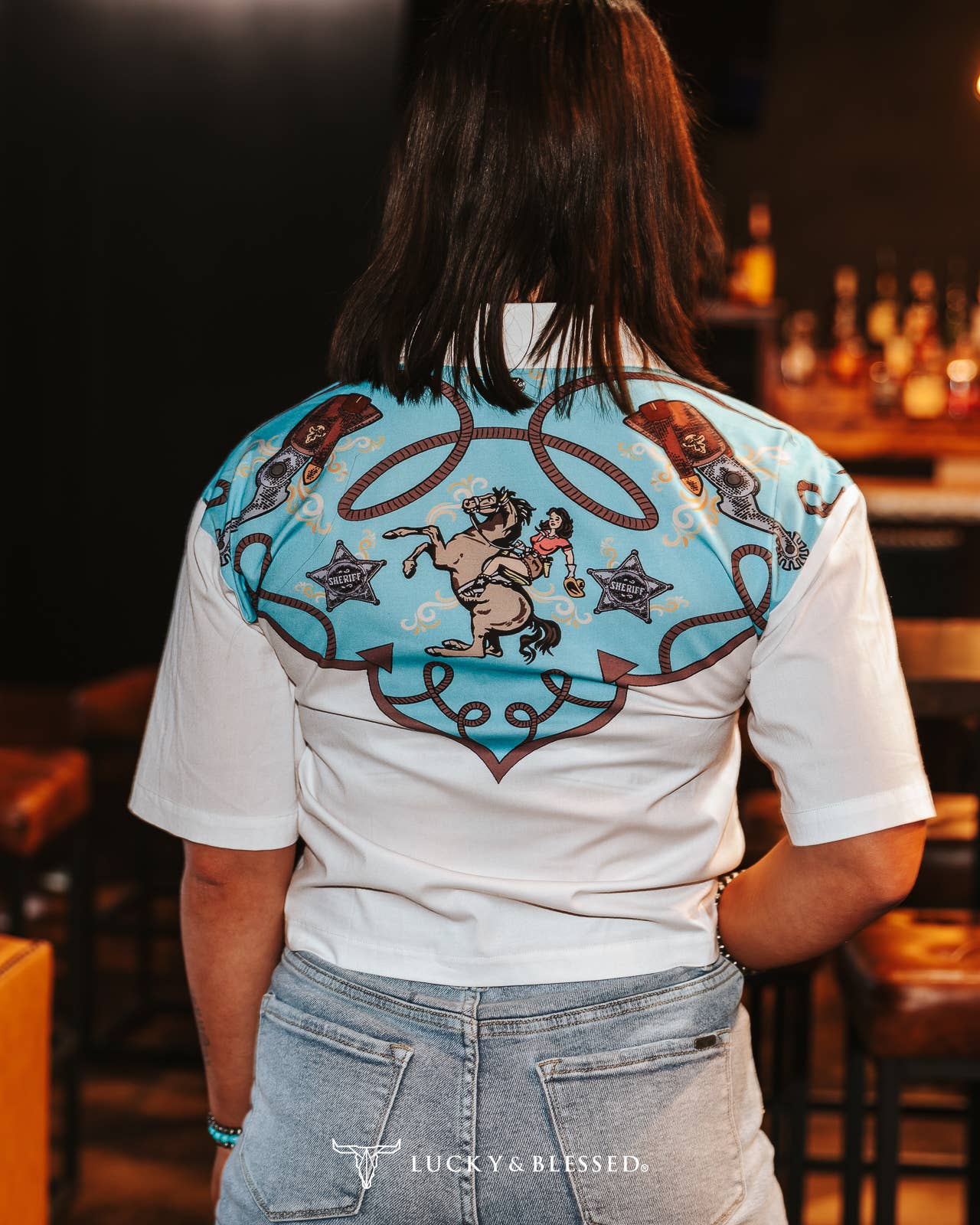 LUCKY & BLESSED "Silver Screen" Western Yoke Button-Down Short Sleeve Top — Ivory with Turquoise & Red Vintage Yoke (small available) - Rooted & Reckless Co.