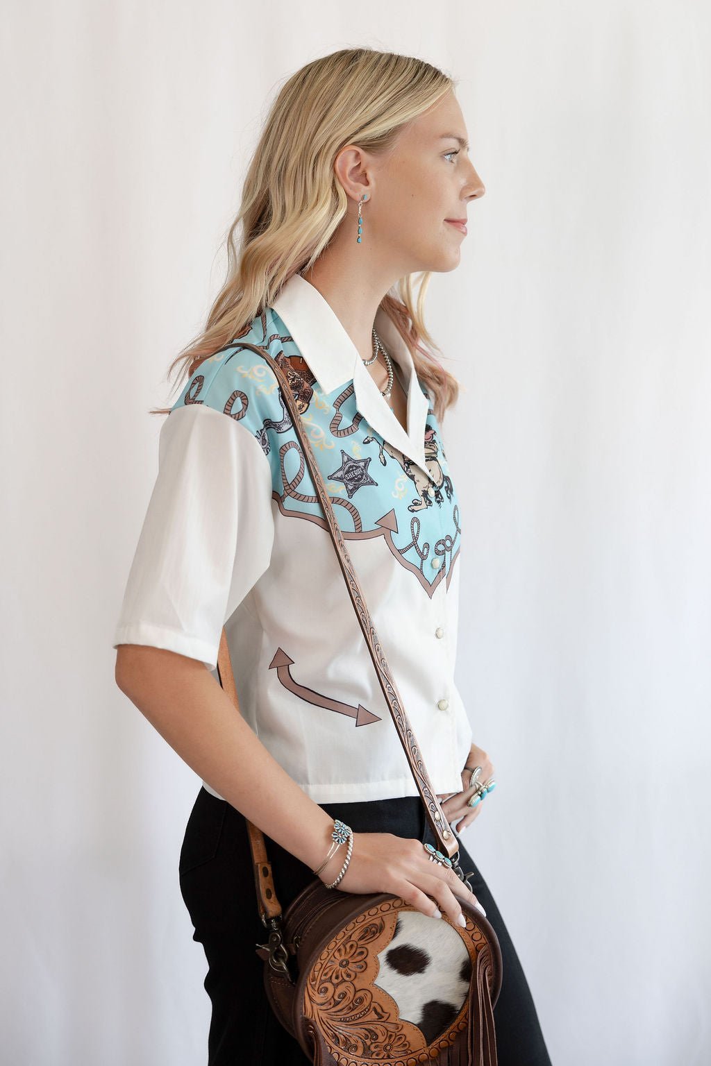 LUCKY & BLESSED "Silver Screen" Western Yoke Button-Down Short Sleeve Top — Ivory with Turquoise & Red Vintage Yoke (small available) - Rooted & Reckless Co.