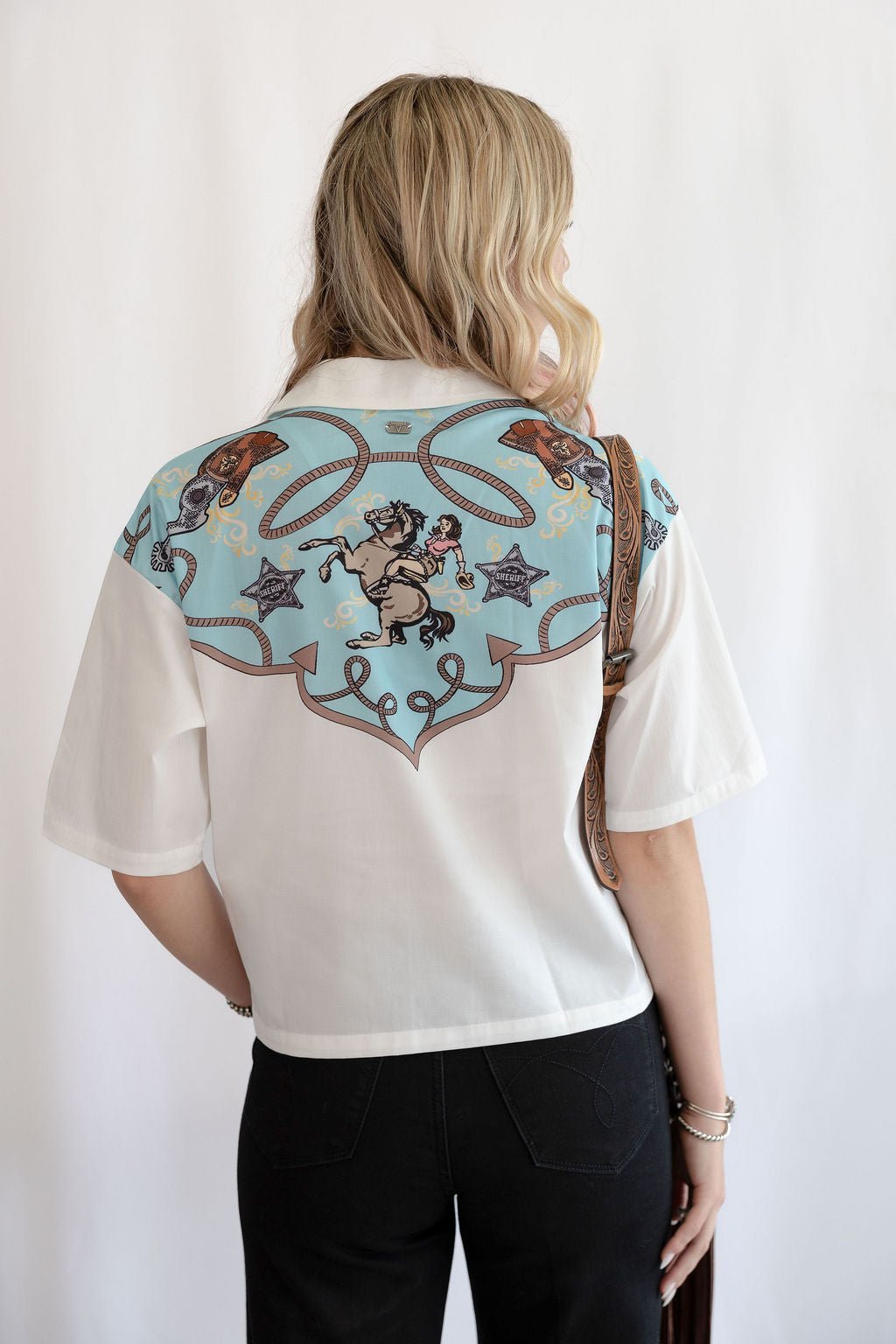 LUCKY & BLESSED "Silver Screen" Western Yoke Button-Down Short Sleeve Top — Ivory with Turquoise & Red Vintage Yoke (small available) - Rooted & Reckless Co.
