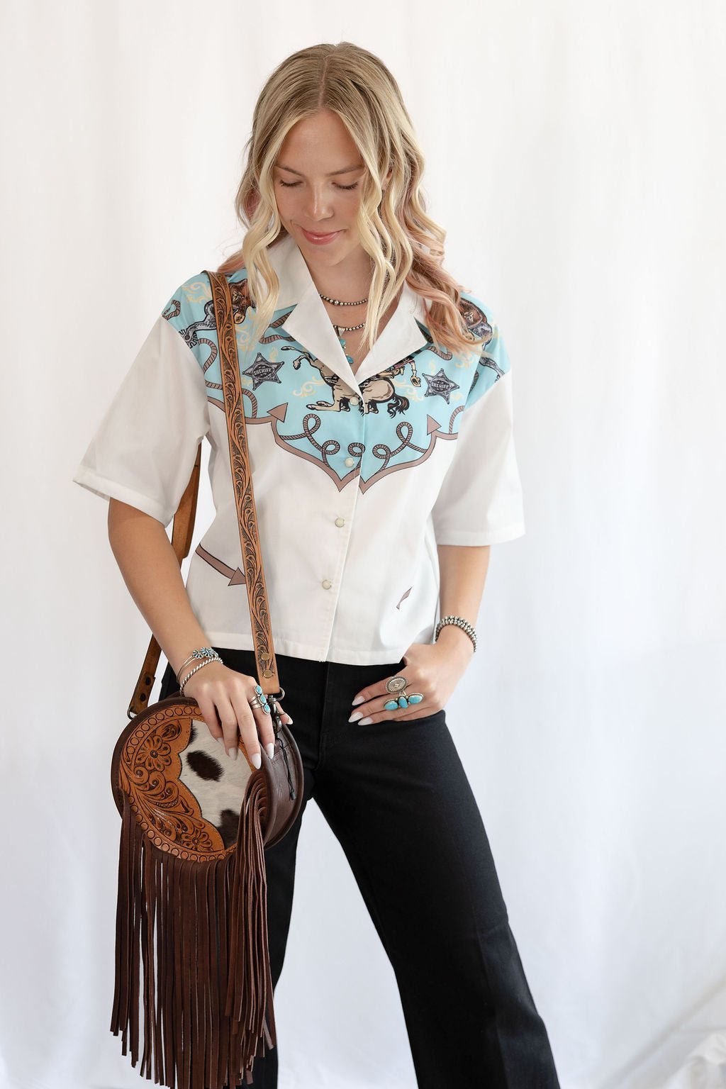 LUCKY & BLESSED "Silver Screen" Western Yoke Button-Down Short Sleeve Top — Ivory with Turquoise & Red Vintage Yoke (small available) - Rooted & Reckless Co.
