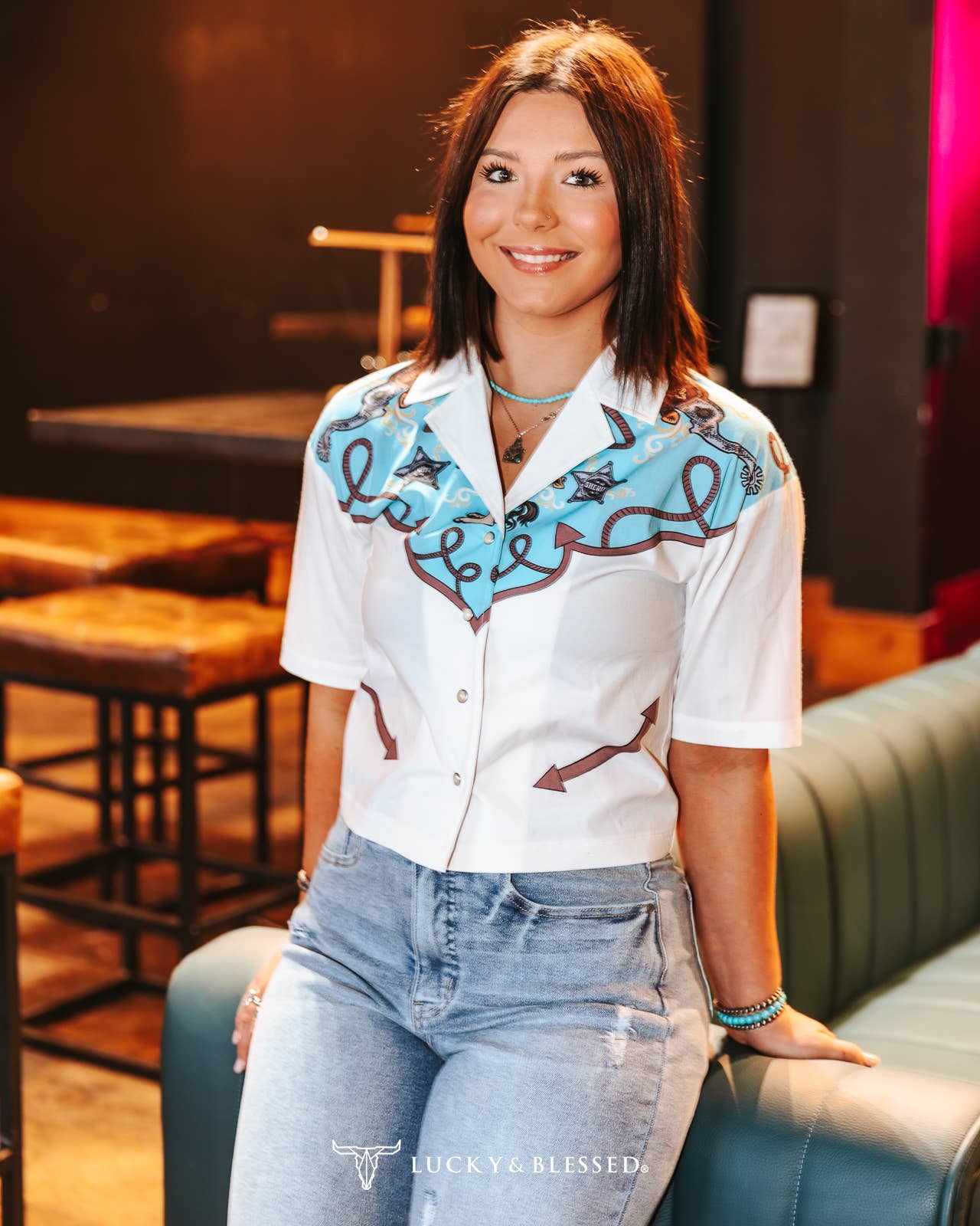 LUCKY & BLESSED "Silver Screen" Western Yoke Button-Down Short Sleeve Top — Ivory with Turquoise & Red Vintage Yoke (small available) - Rooted & Reckless Co.