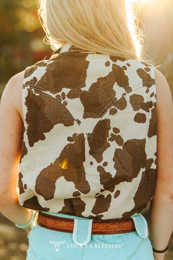 LUCKY & BLESSED Sleeveless Cowhide Print Denim Western Shirt with Pearl Snaps — Brown & Cream Ranch Statement - Rooted & Reckless Co.