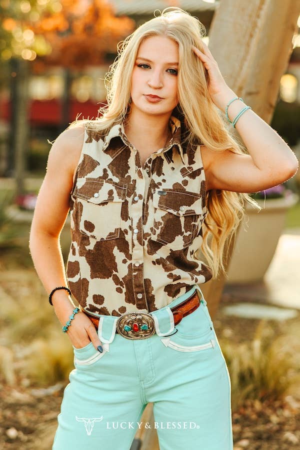 LUCKY & BLESSED Sleeveless Cowhide Print Denim Western Shirt with Pearl Snaps — Brown & Cream Ranch Statement - Rooted & Reckless Co.