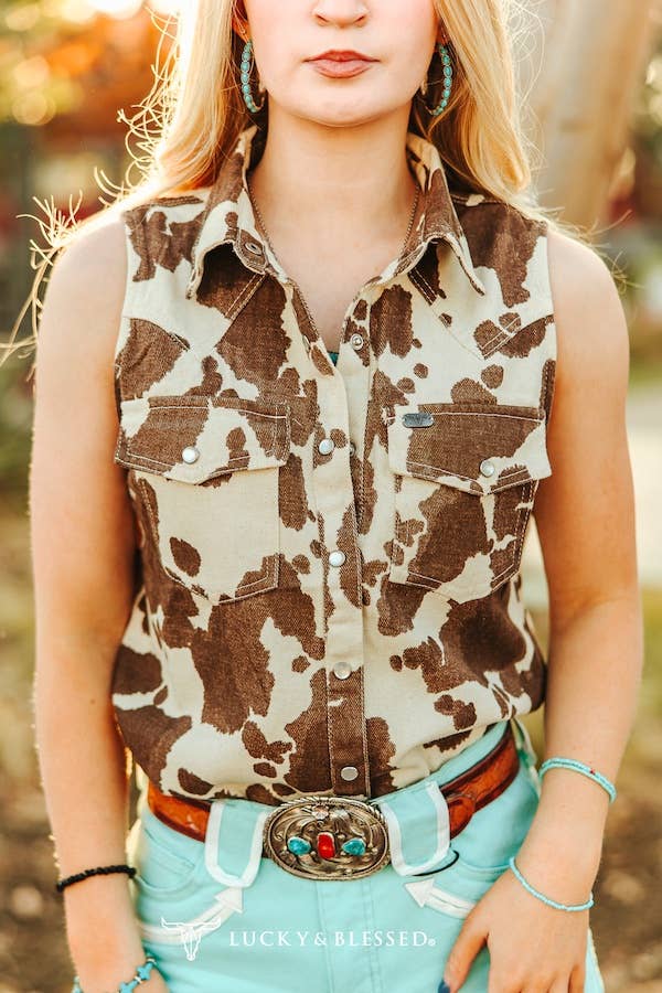 LUCKY & BLESSED Sleeveless Cowhide Print Denim Western Shirt with Pearl Snaps — Brown & Cream Ranch Statement - Rooted & Reckless Co.