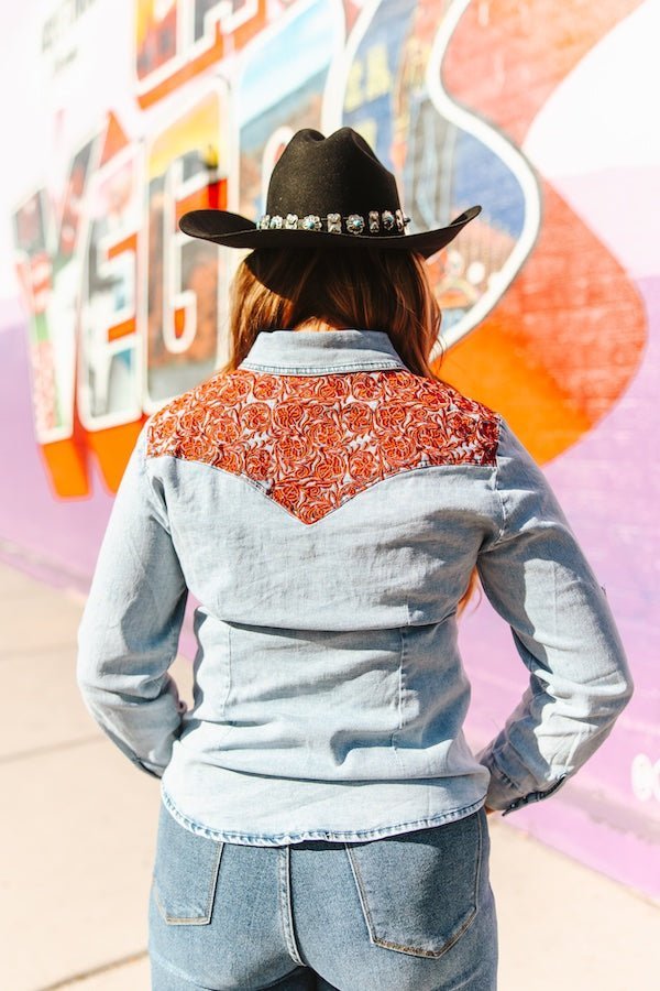 LUCKY & BLESSED Stone Wash Red Yoke Denim Western Button-Down Shirt — Premium Embroidered Cowgirl Statement - Rooted & Reckless Co.