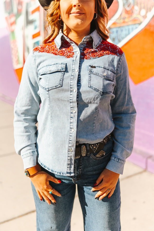 LUCKY & BLESSED Stone Wash Red Yoke Denim Western Button-Down Shirt — Premium Embroidered Cowgirl Statement - Rooted & Reckless Co.