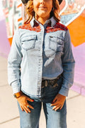 LUCKY & BLESSED Stone Wash Red Yoke Denim Western Button-Down Shirt — Premium Embroidered Cowgirl Statement - Rooted & Reckless Co.