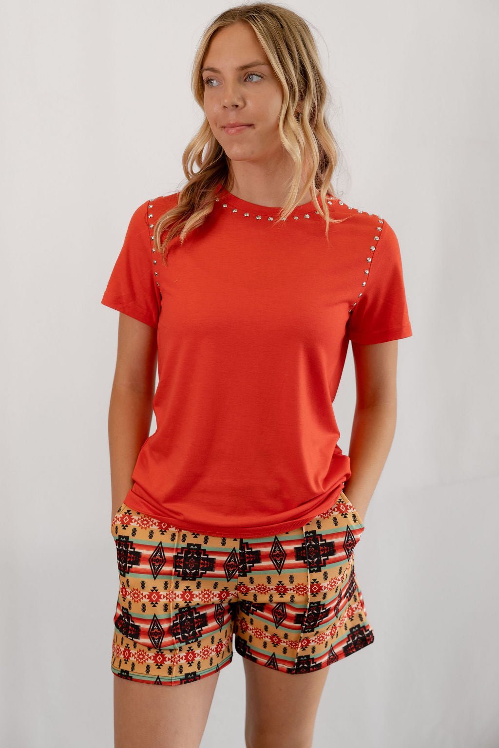 LUCKY & BLESSED Tan Aztec Printed Crease Detail Western Shorts — High-Waisted with Sharp Crease & Functional Pockets (4.5" Inseam) - Rooted & Reckless Co.