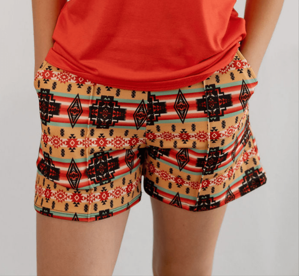 LUCKY & BLESSED Tan Aztec Printed Crease Detail Western Shorts — High-Waisted with Sharp Crease & Functional Pockets (4.5" Inseam) - Rooted & Reckless Co.