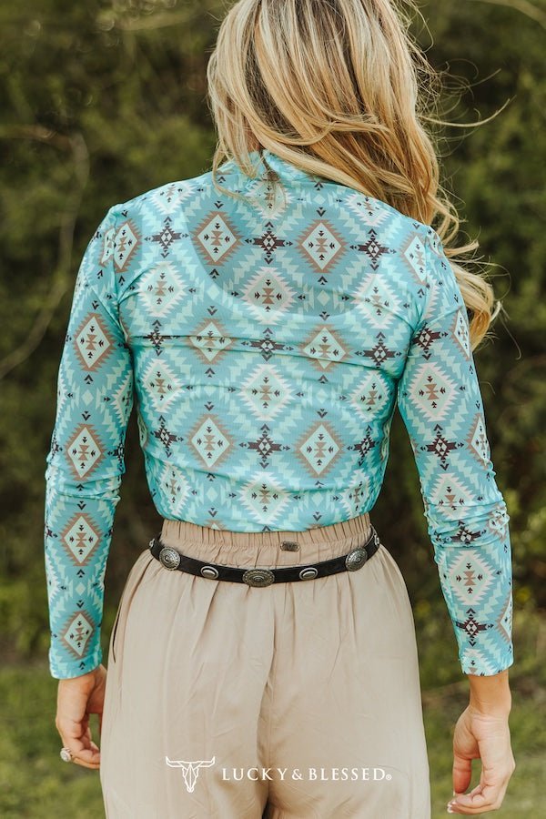 LUCKY & BLESSED Turquoise Aztec Print Long Sleeve Mesh Western Top — Bold Southwestern Geometric Layering Piece - Rooted & Reckless Co.
