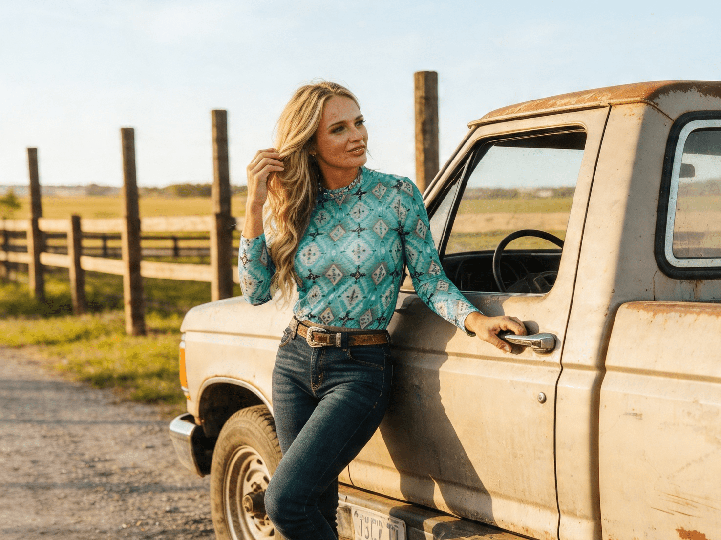 LUCKY & BLESSED Turquoise Aztec Print Long Sleeve Mesh Western Top — Bold Southwestern Geometric Layering Piece - Rooted & Reckless Co.