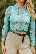 LUCKY & BLESSED Turquoise Aztec Print Long Sleeve Mesh Western Top — Bold Southwestern Geometric Layering Piece - Rooted & Reckless Co.