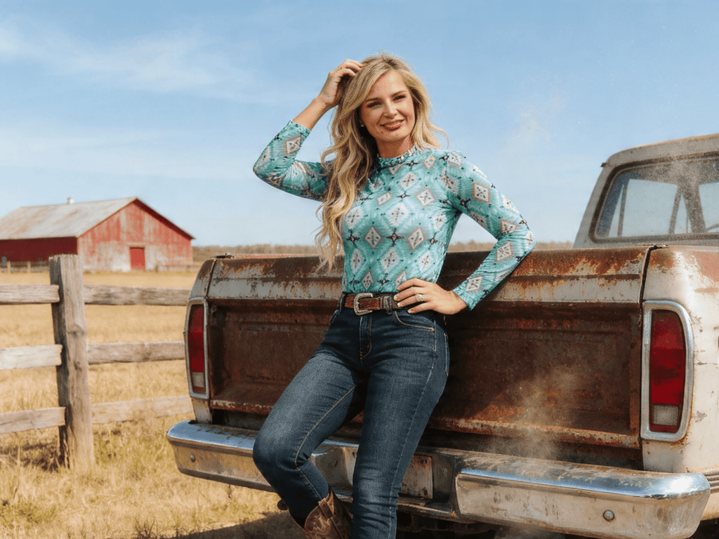 LUCKY & BLESSED Turquoise Aztec Print Long Sleeve Mesh Western Top — Bold Southwestern Geometric Layering Piece - Rooted & Reckless Co.