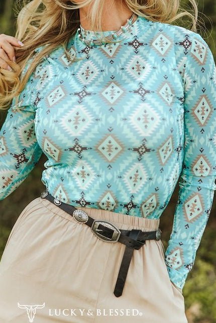 LUCKY & BLESSED Turquoise Aztec Print Long Sleeve Mesh Western Top — Bold Southwestern Geometric Layering Piece - Rooted & Reckless Co.